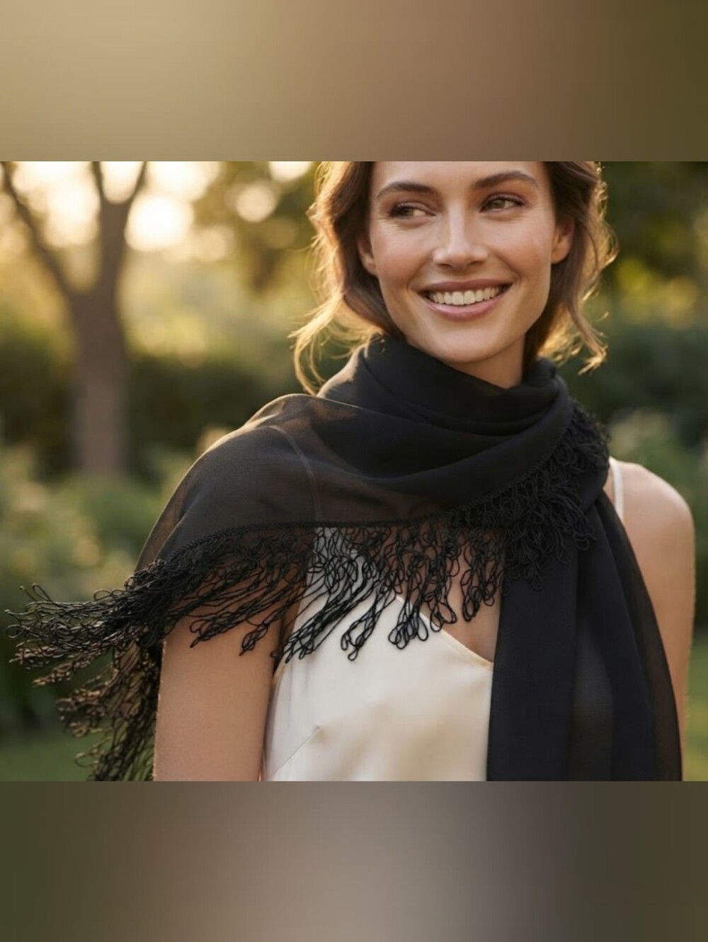 Elegant Black Sheer Evening Scarf with Knotted Fringe Shawl